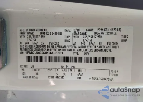 2019 Ford Escape Se из США, поврежденный, VIN 1FMCU0GD3KUA03301